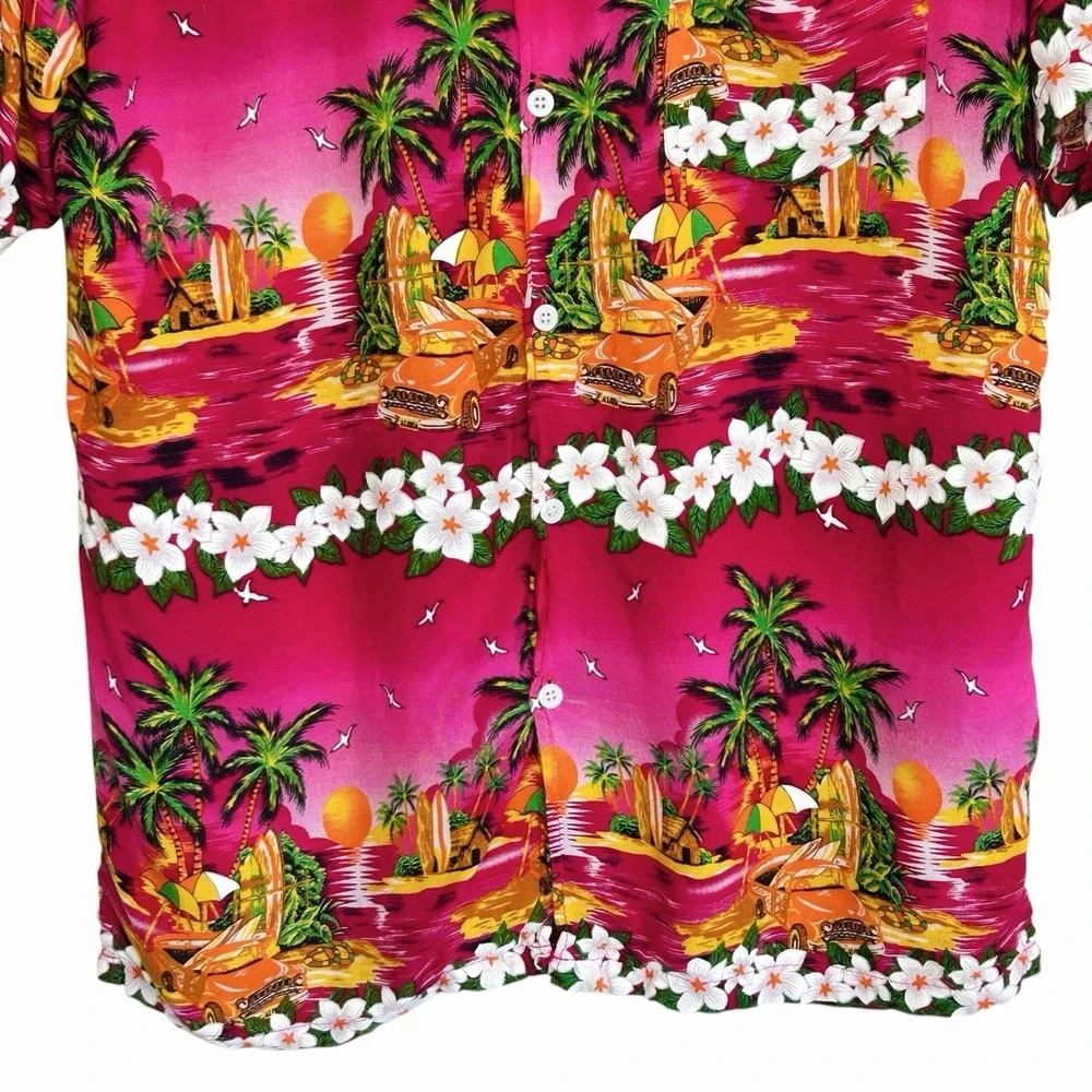 Vintage Jackpot Hawaiian Shirt Men Small Pink Floral Tropical Luau Tiki Vacation